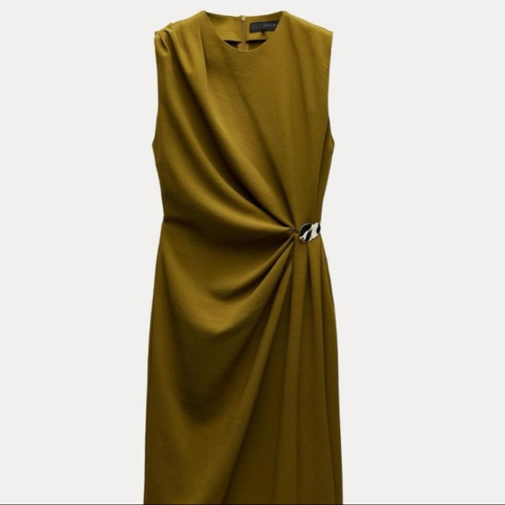 Zara Draped Midi Dress Olive Green Gold Hardware Sleeveless Minimalist Chic M - Picture 5 of 12